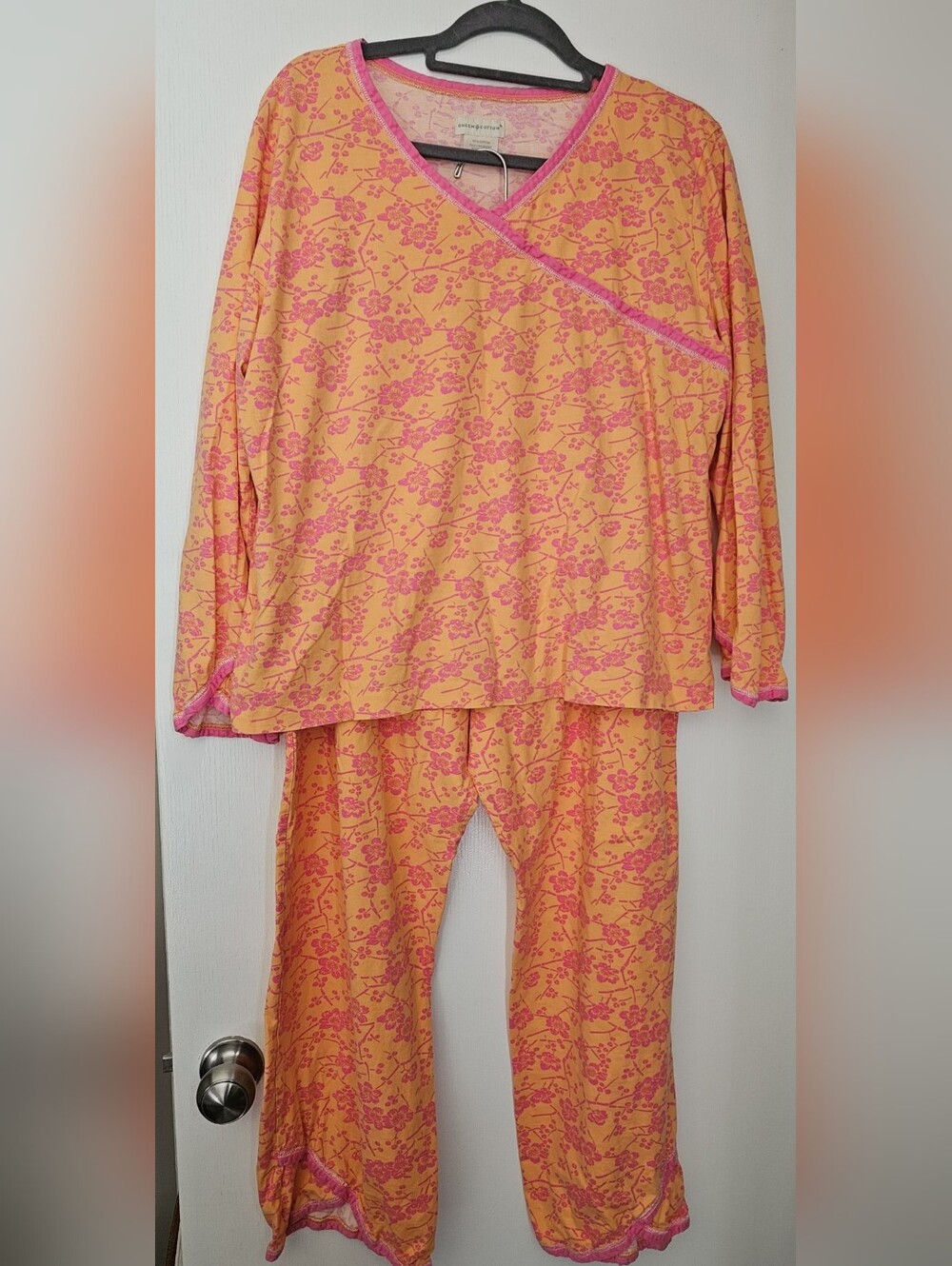 Garnet Hill 100% Green Cotton Cherry Blossom Print Pajama Set, XL, Size 16-18